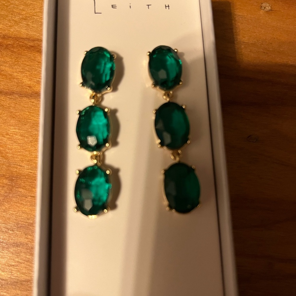 Leith Emerald and Gold tone Triple Drop Earrings pierced earrings